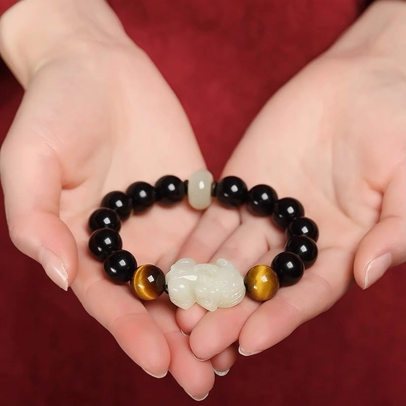 Obsidian and Jade Pi Xiu Bracelet "Energy Shield"