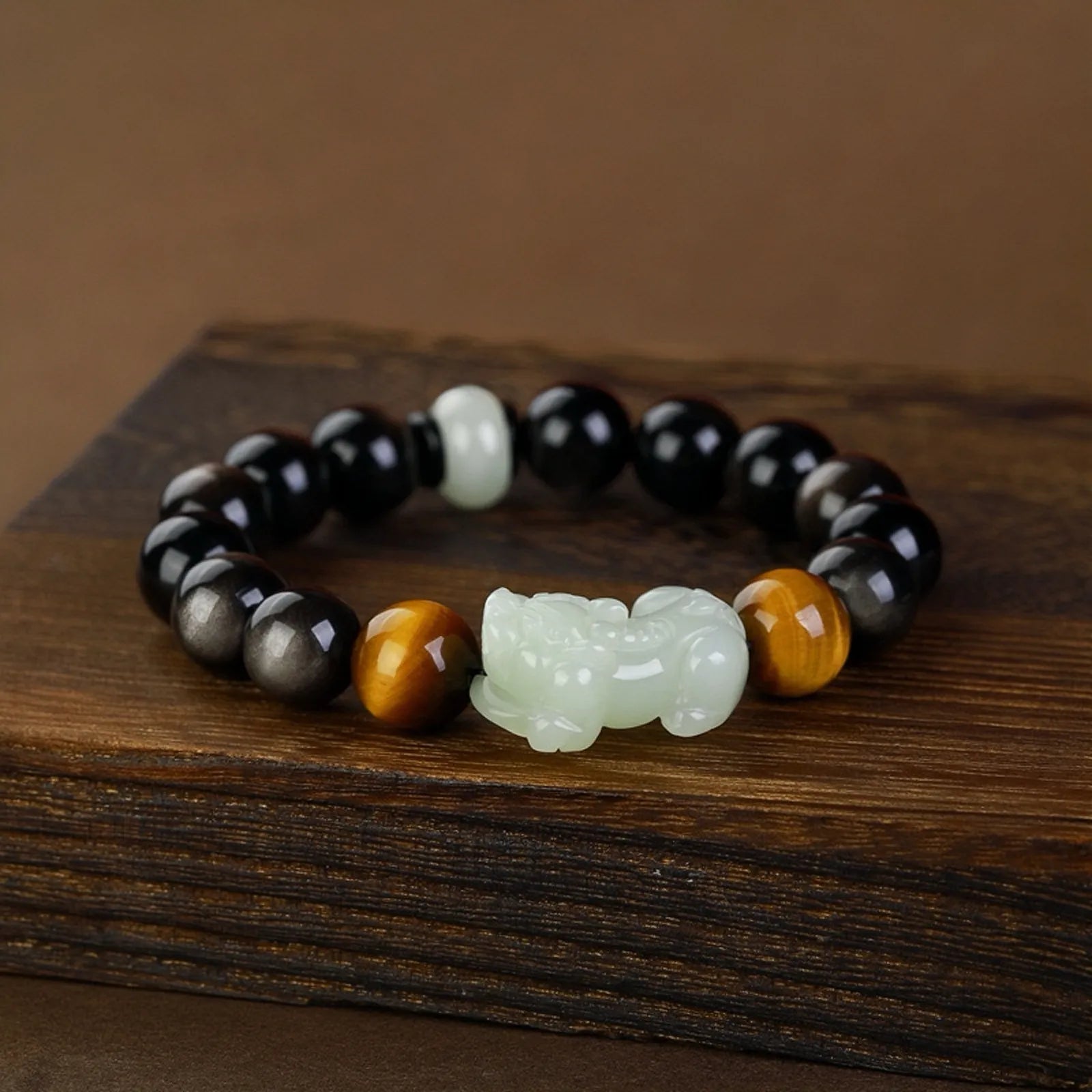 Obsidian and Jade Pi Xiu Bracelet "Energy Shield"