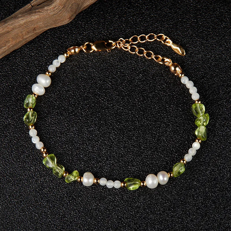 Peridot Bracelet, Pearl and Mother-of-Pearl "Solar Elegance" Gold-Plated Silver