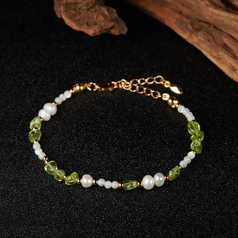 Peridot Bracelet, Pearl and Mother-of-Pearl "Solar Elegance" Gold-Plated Silver