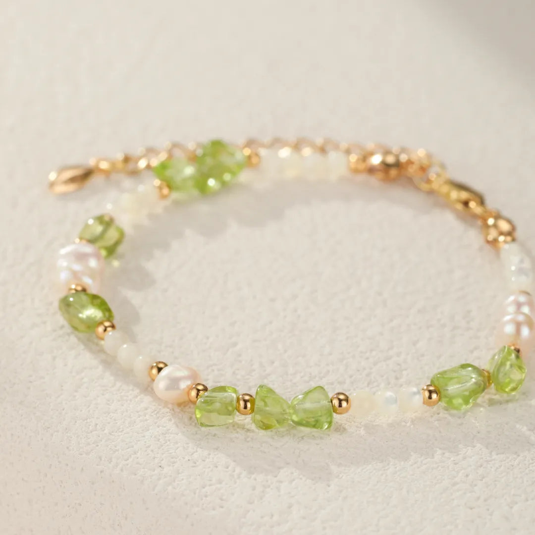 Peridot Bracelet, Pearl and Mother-of-Pearl "Solar Elegance" Gold-Plated Silver