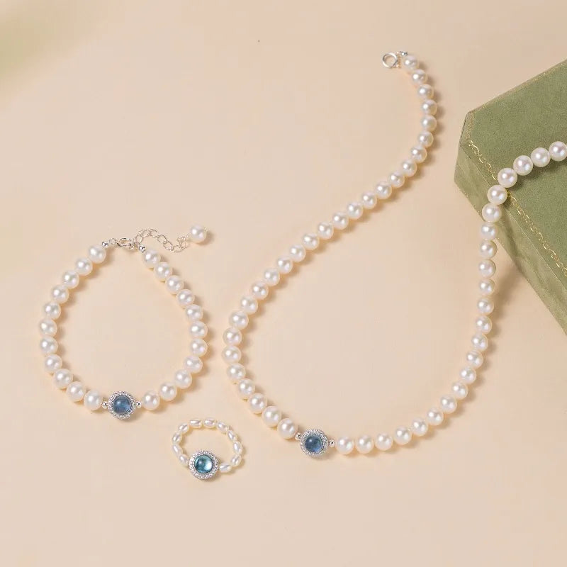 Oceanic Elegance Aquamarine Pearl Necklace Silver