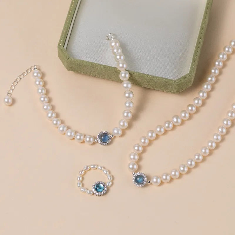 Oceanic Elegance Aquamarine Pearl Necklace Silver