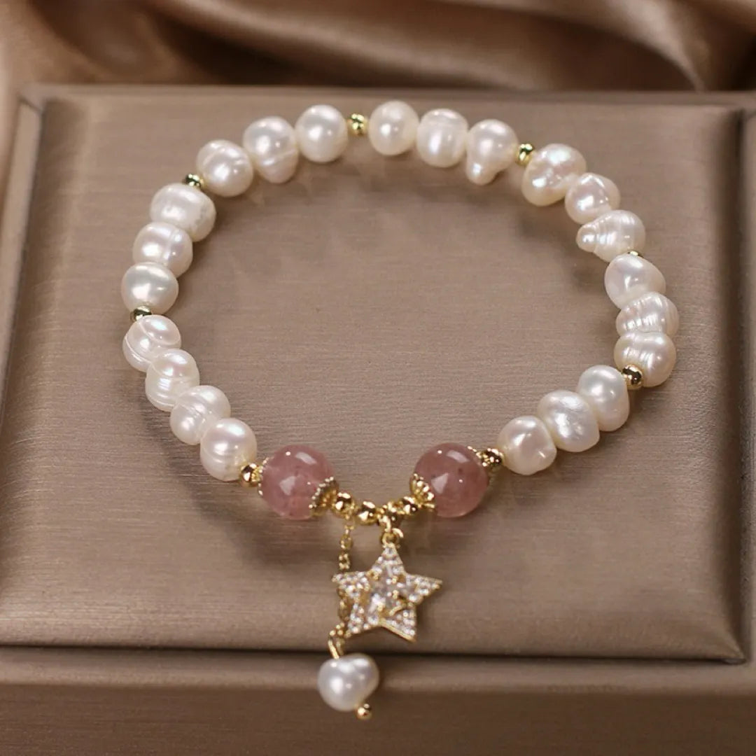 Pearl and Strawberry Quartz Bracelet "Star Charm"
