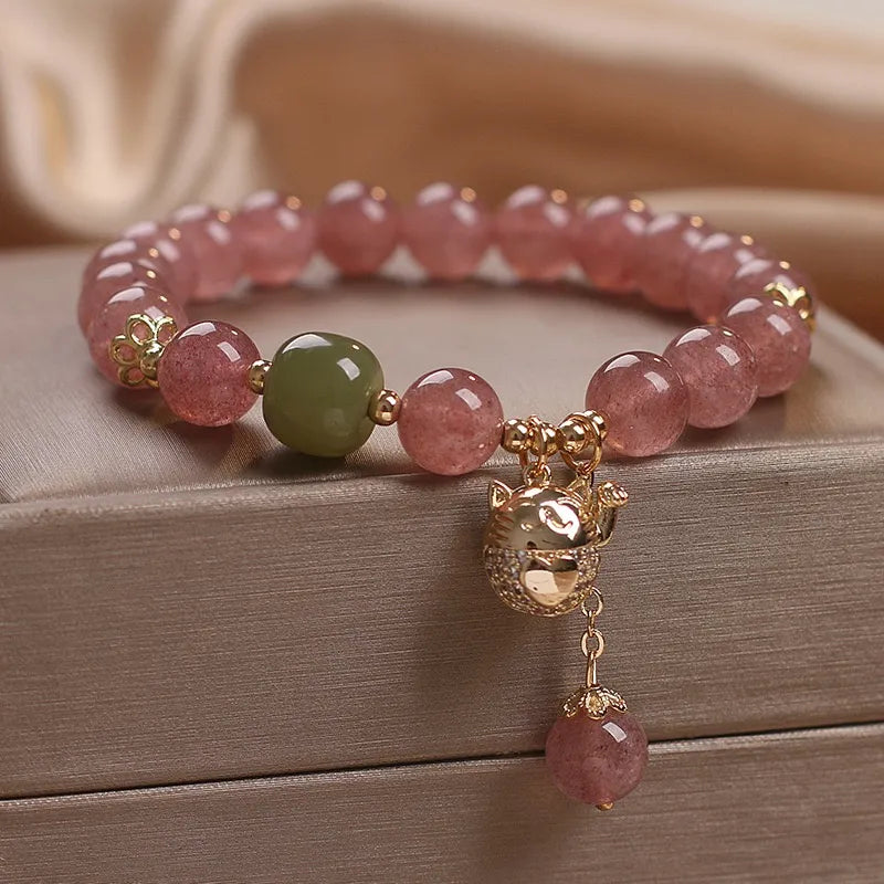 Strawberry Quartz Bracelet – Maneki-neko, Gold Plated Silver