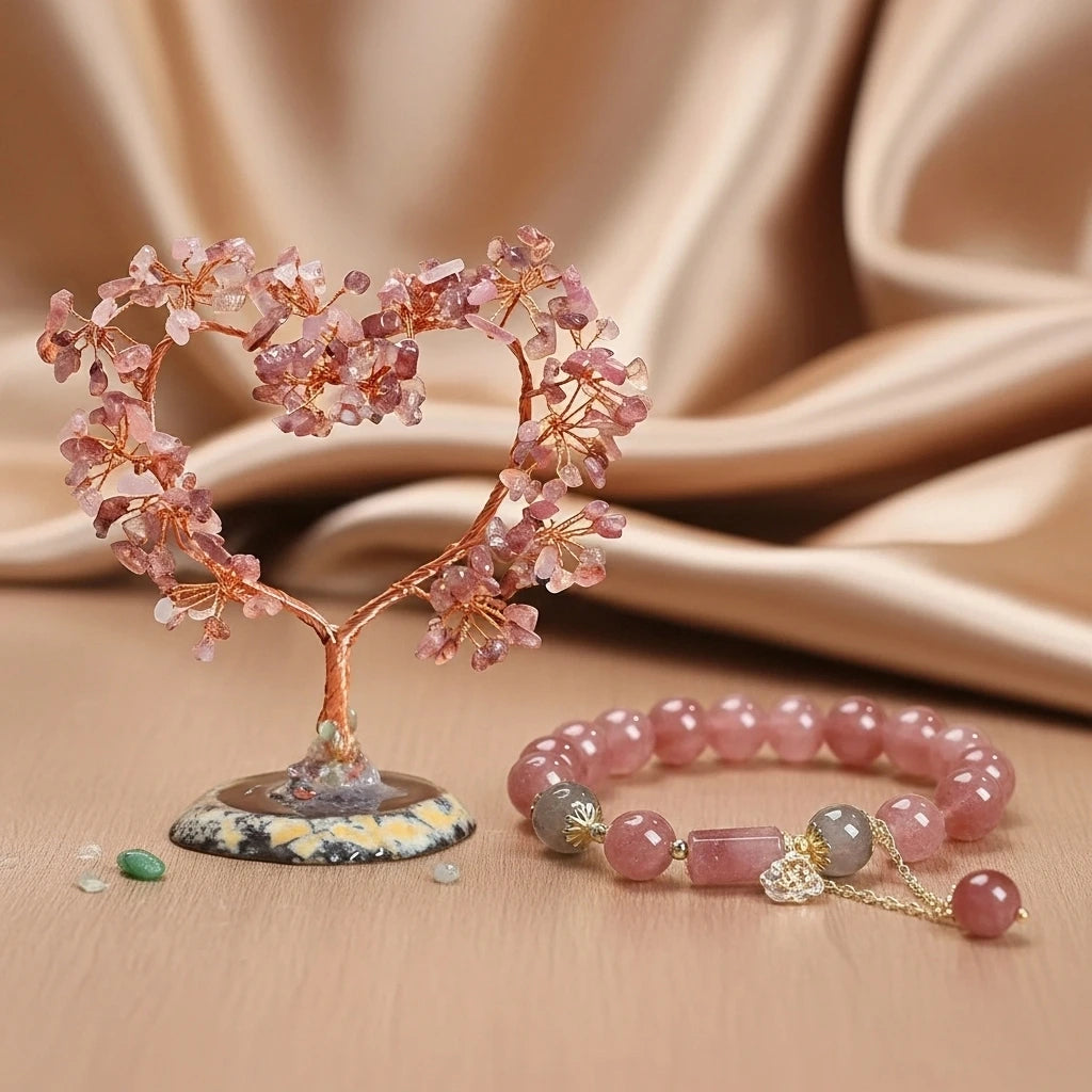 Amour - Coffret Cadeau en Quartz Rose, Arbre de Vie et Bracelet
