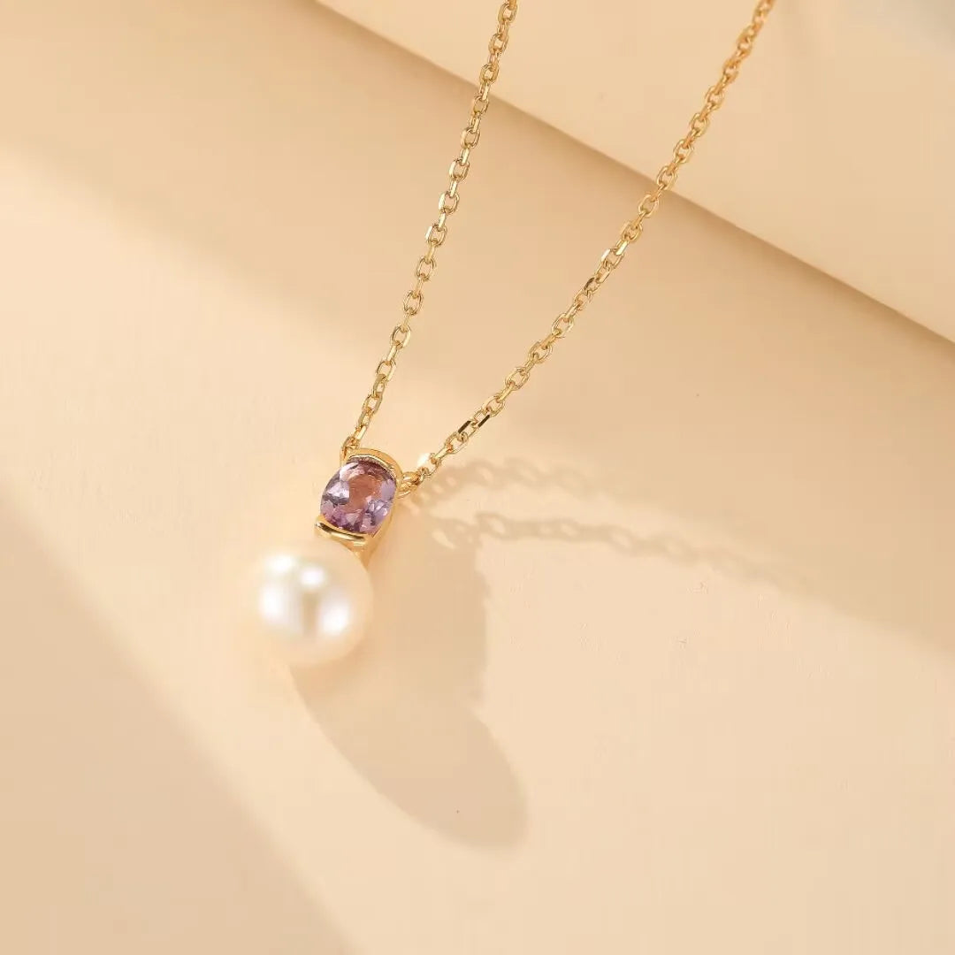 Amethyst and Pearl Necklace "Reflections of Elegance" Gold-Plated Silver