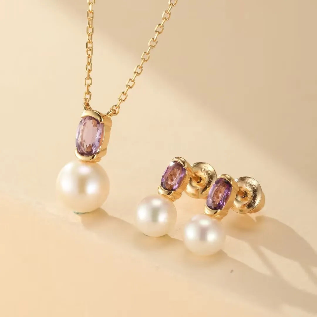 Amethyst and Pearl Necklace "Reflections of Elegance" Gold-Plated Silver