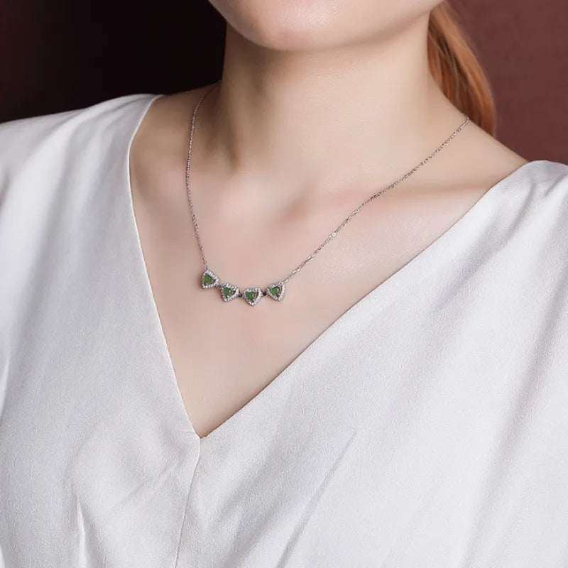 Jade Clover Necklace "Heart of Luck" Silver