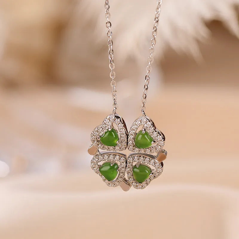 Jade Clover Necklace "Heart of Luck" Silver