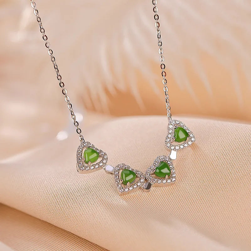 Jade Clover Necklace "Heart of Luck" Silver