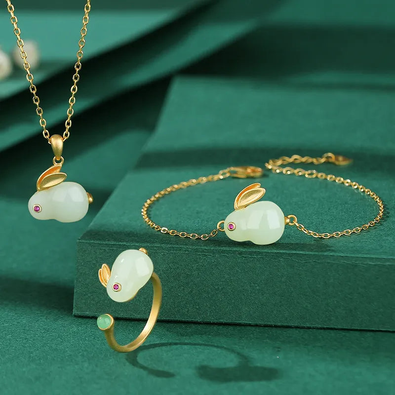 Jade Necklace "Soft Rabbit" Gold-Plated Silver