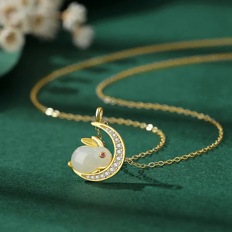 Lunar Rabbit Jade Necklace Gold-Plated Silver