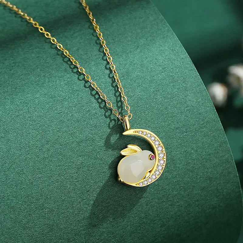 Lunar Rabbit Jade Necklace Gold-Plated Silver