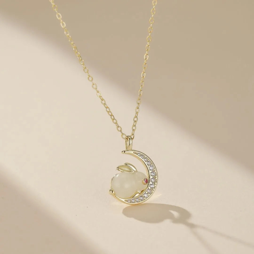 Lunar Rabbit Jade Necklace Gold-Plated Silver