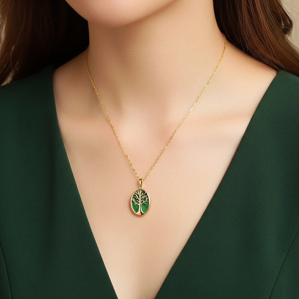 Lebensbaum-Kette Malachit "Natürliches Wachstum" Vergoldetes Gold Silber
