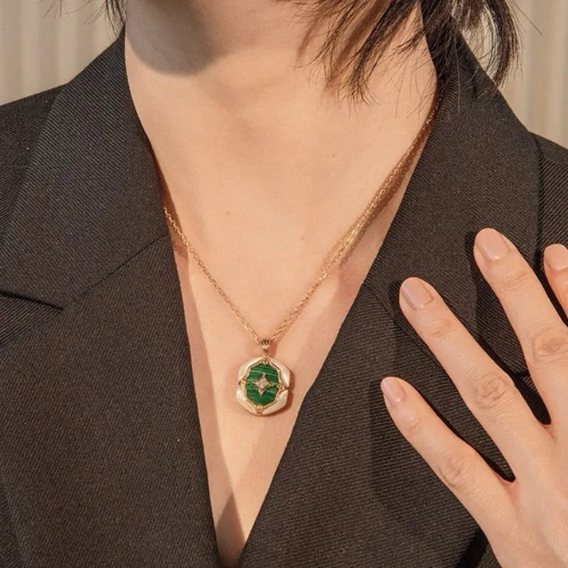 Malachite and Mother-of-Pearl Necklace "Pearly Nebula" Gold-Plated Silver
