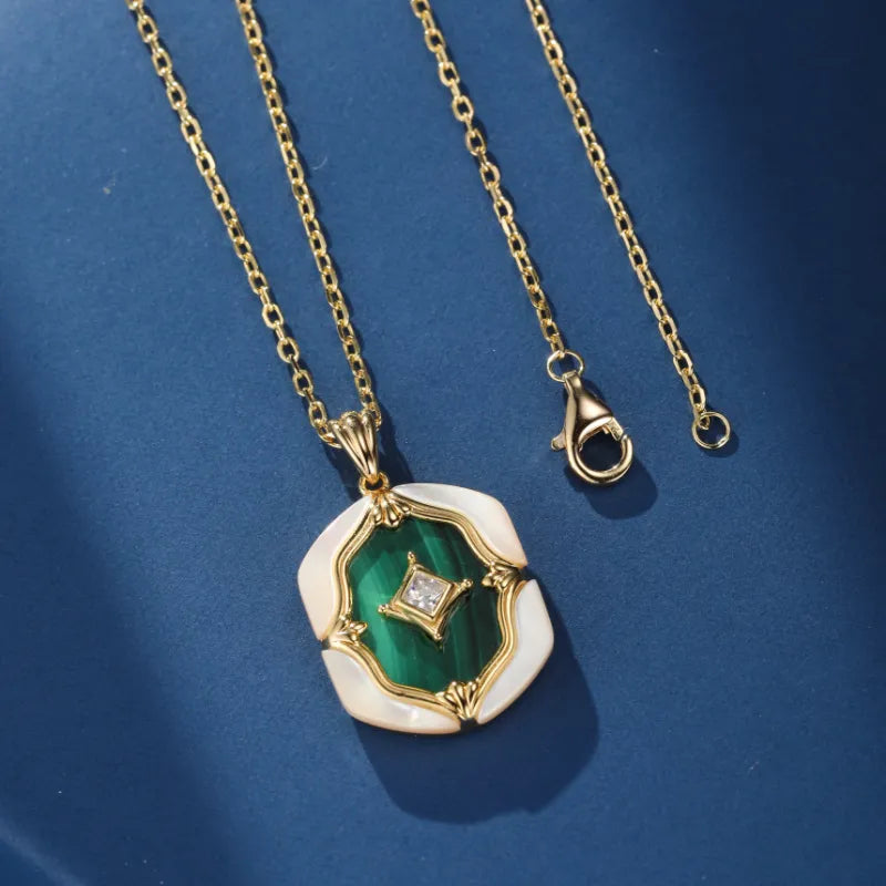 Malachite and Mother-of-Pearl Necklace "Pearly Nebula" Gold-Plated Silver