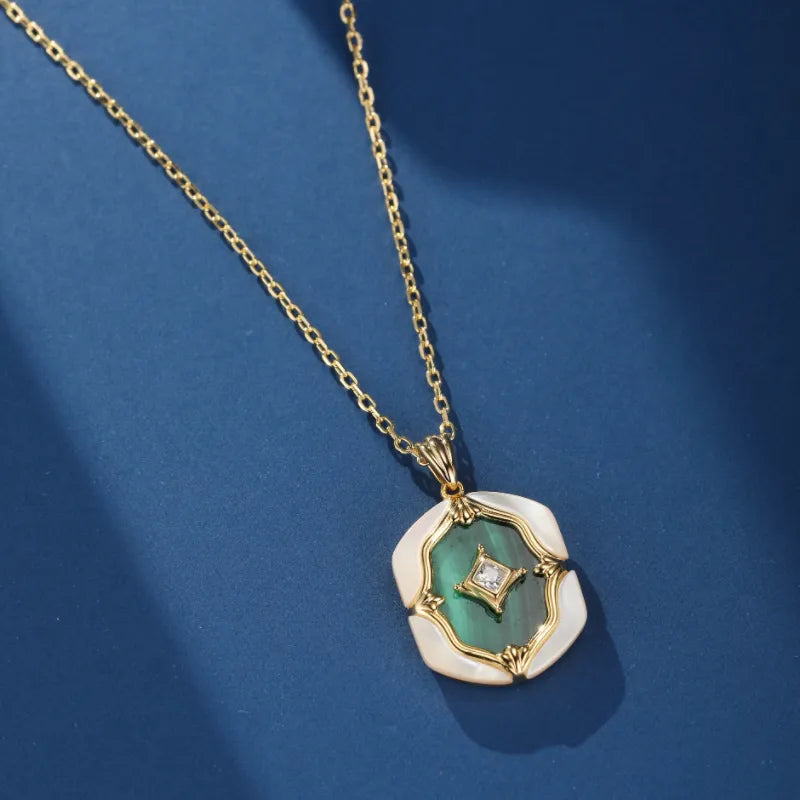 Malachite and Mother-of-Pearl Necklace "Pearly Nebula" Gold-Plated Silver