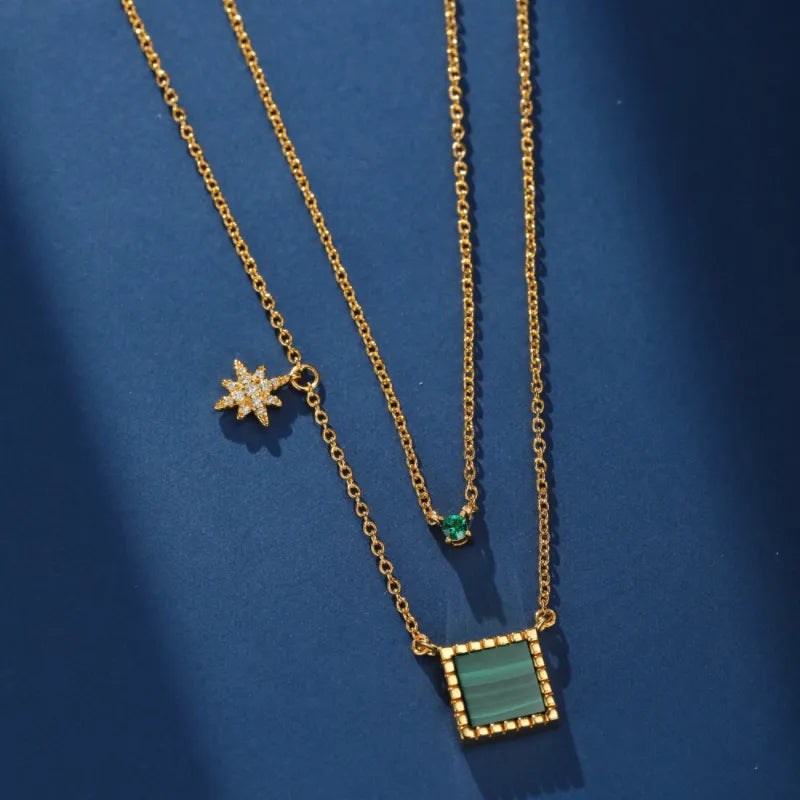 Malachite and Zircon Necklace "Galaxy" Gold Plated Silver