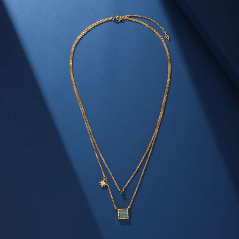 Malachite and Zircon Necklace "Galaxy" Gold Plated Silver