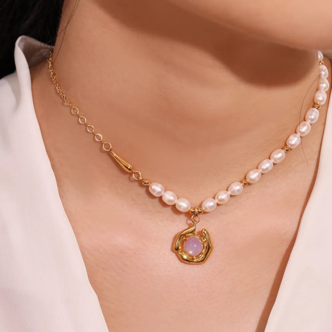 Freshwater Pearl and Opal Necklace "Marine Dance" Gold