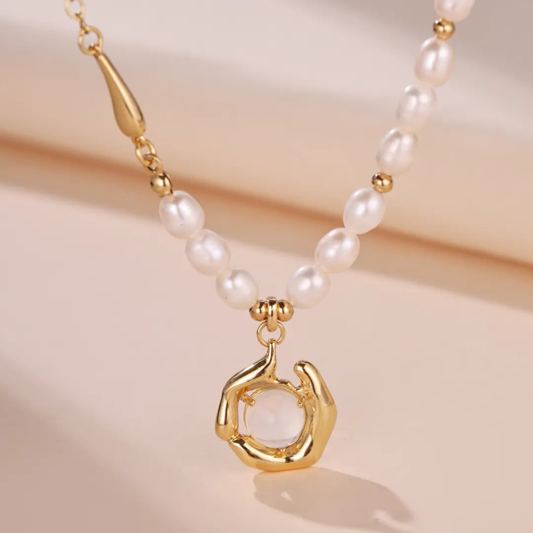 Freshwater Pearl and Opal Necklace "Marine Dance" Gold
