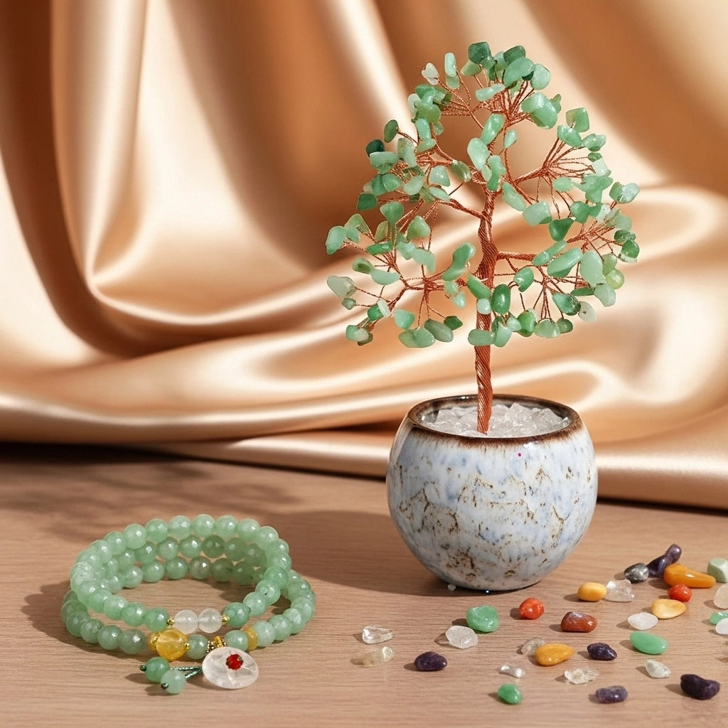 Coffret cadeau "Confiance" avec un arbre de vie miniature en aventurine verte et un bracelet assorti, disposés sur un fond satiné doré.