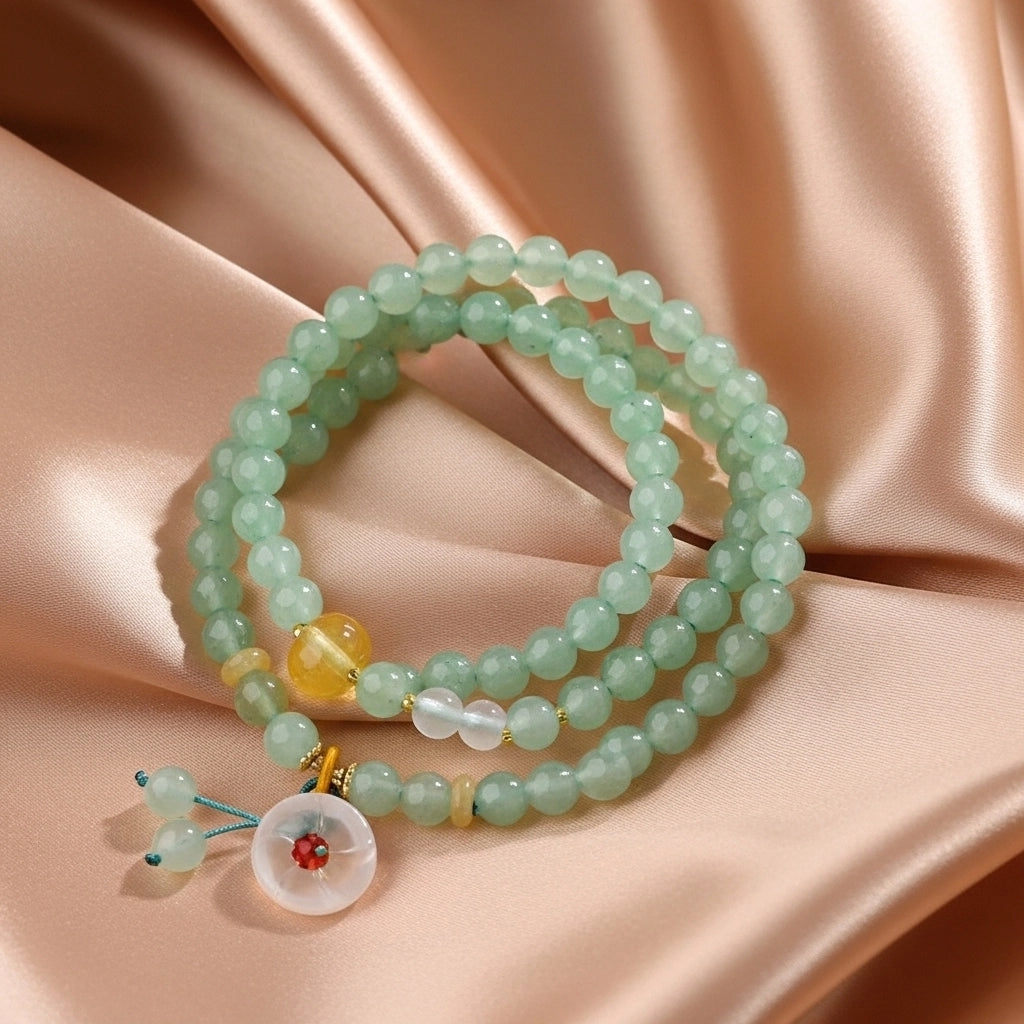 Bracelet de perles en aventurine verte "Confiance" avec pendentif rond orné d'une fleur et d'une pierre rouge, et breloques bleues, sur fond satiné rose.