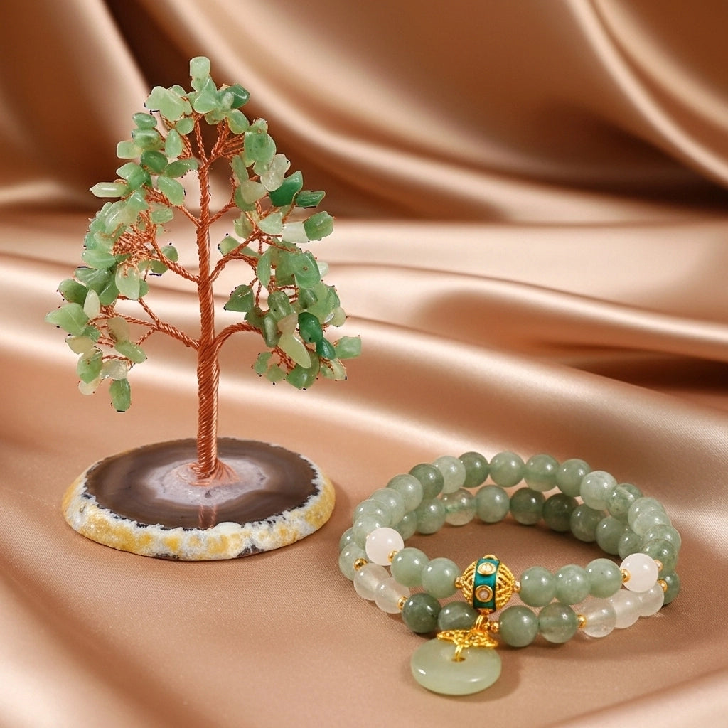 Coffret cadeau "Confiance" composé d'un arbre de vie en aventurine verte aux branches de cuivre et d'un bracelet assorti orné d'une breloque ronde en jade.