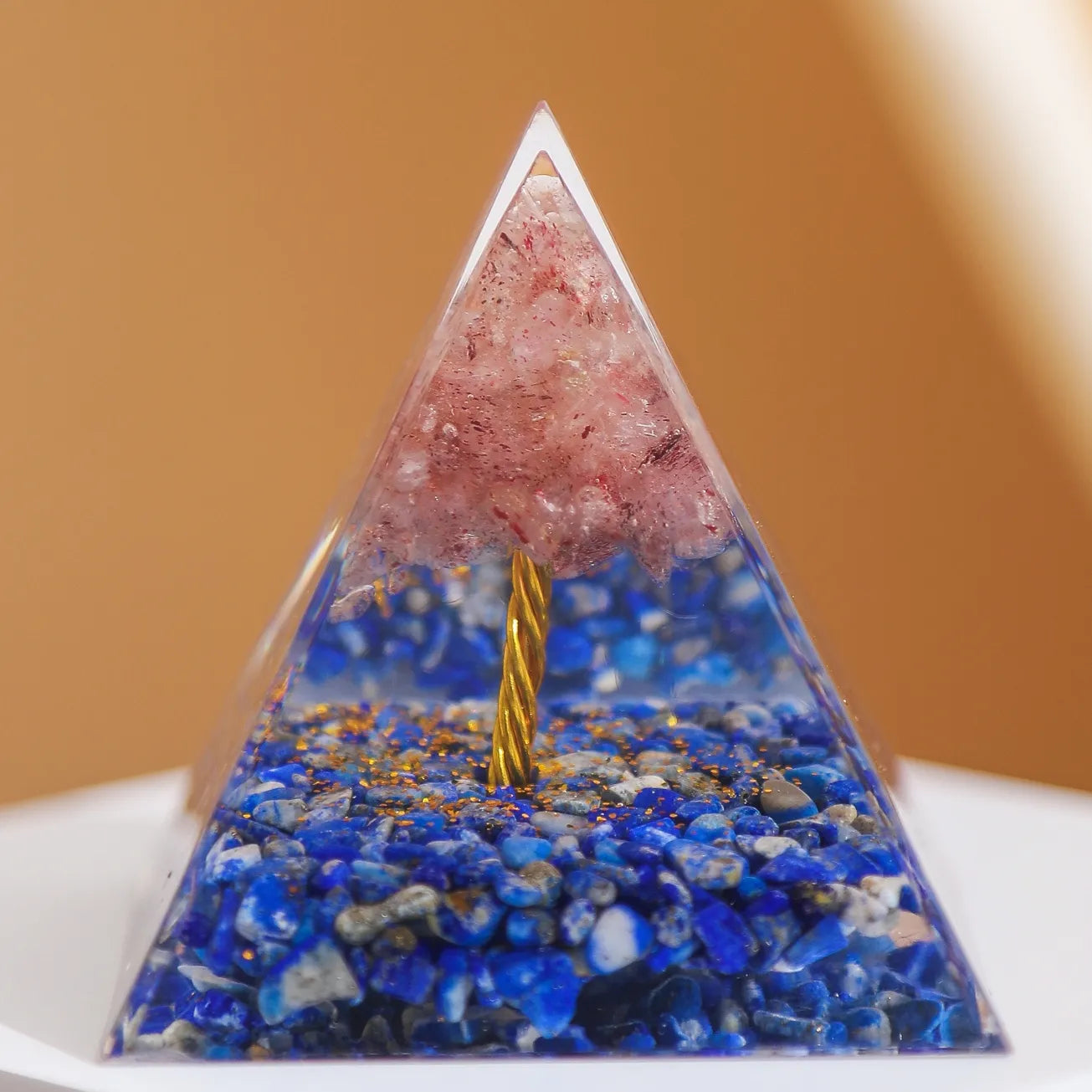 Spiritual Growth - Orgonite Pyramid Tree of Life in Rose Quartz and Lapis Lazuli