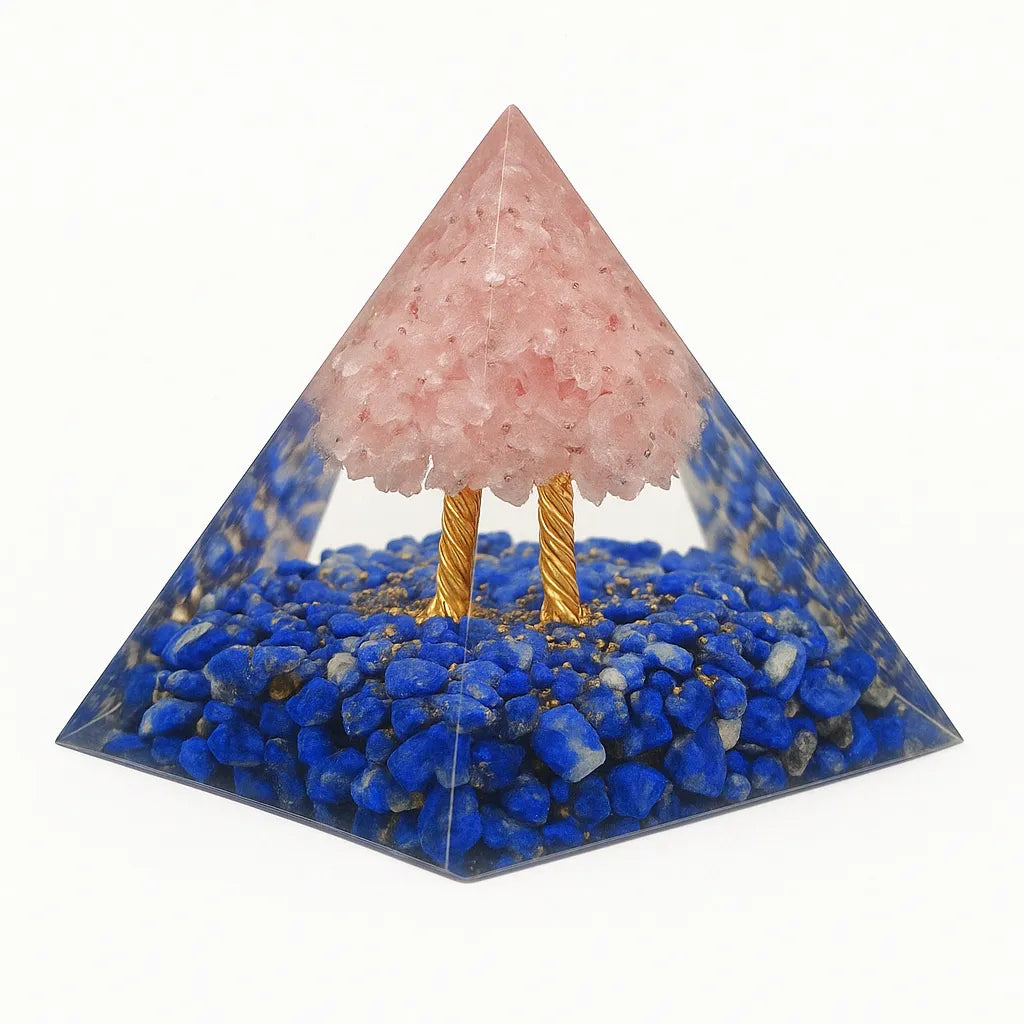 Spiritual Growth - Orgonite Pyramid Tree of Life in Rose Quartz and Lapis Lazuli