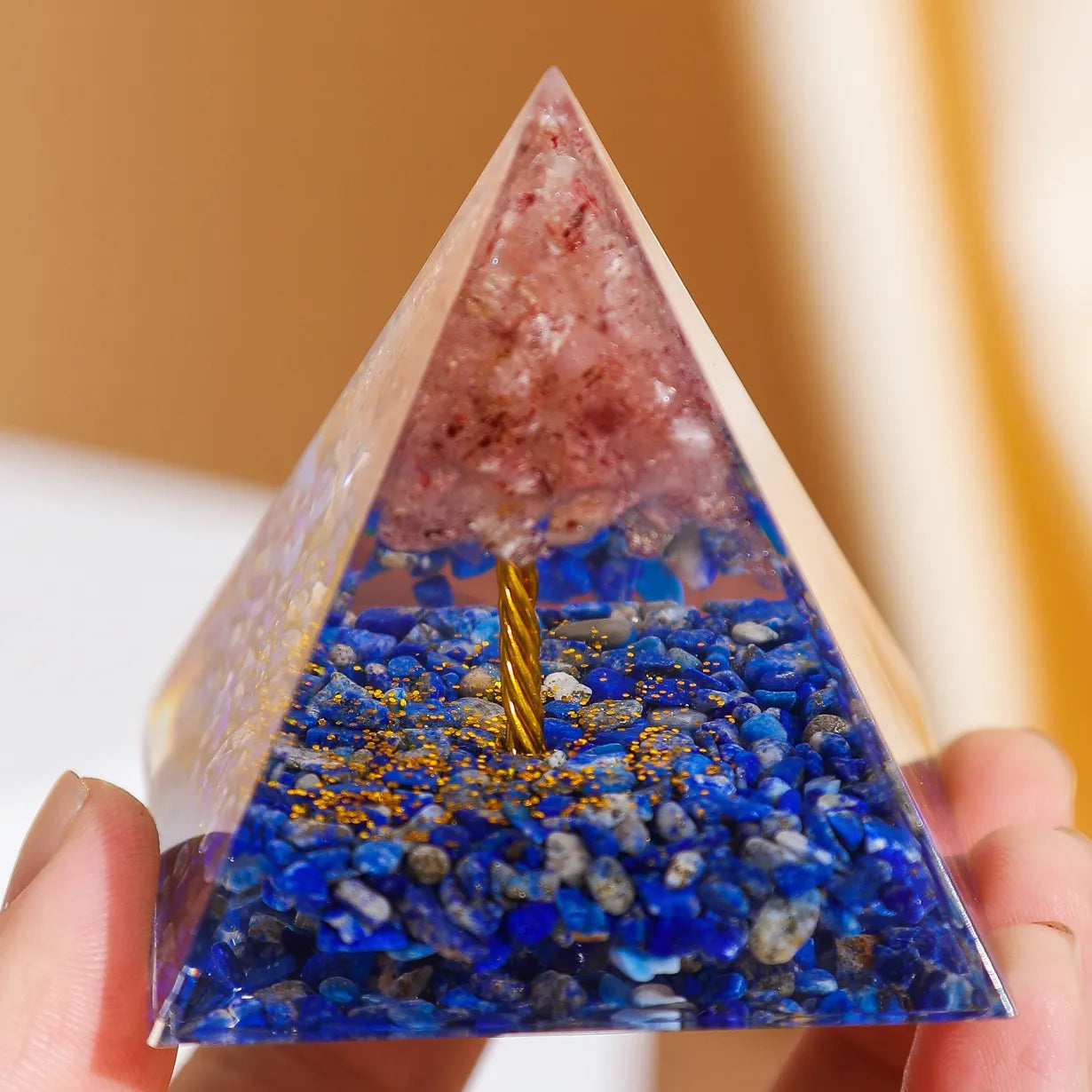 Spiritual Growth - Orgonite Pyramid Tree of Life in Rose Quartz and Lapis Lazuli
