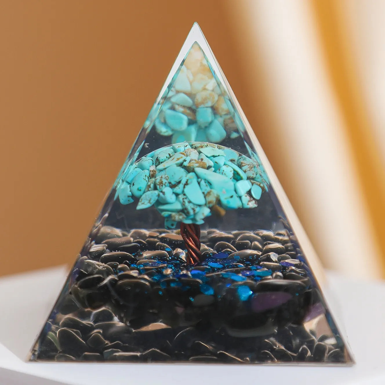 Celestial Force - Orgonite Pyramid Tree of Life in Turquoise and Obsidian