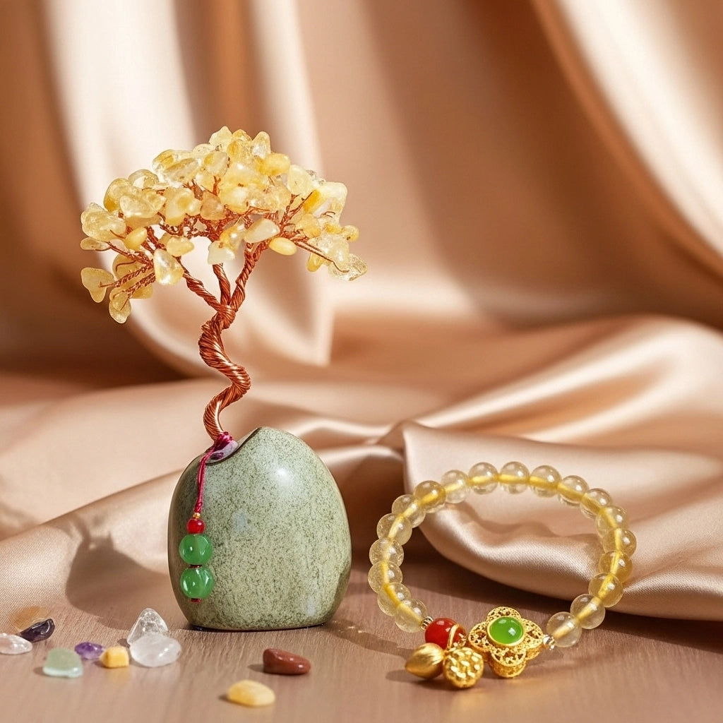 Coffret cadeau "Fortune" avec un arbre de vie en citrine et un bracelet assorti, posés sur un fond satiné.