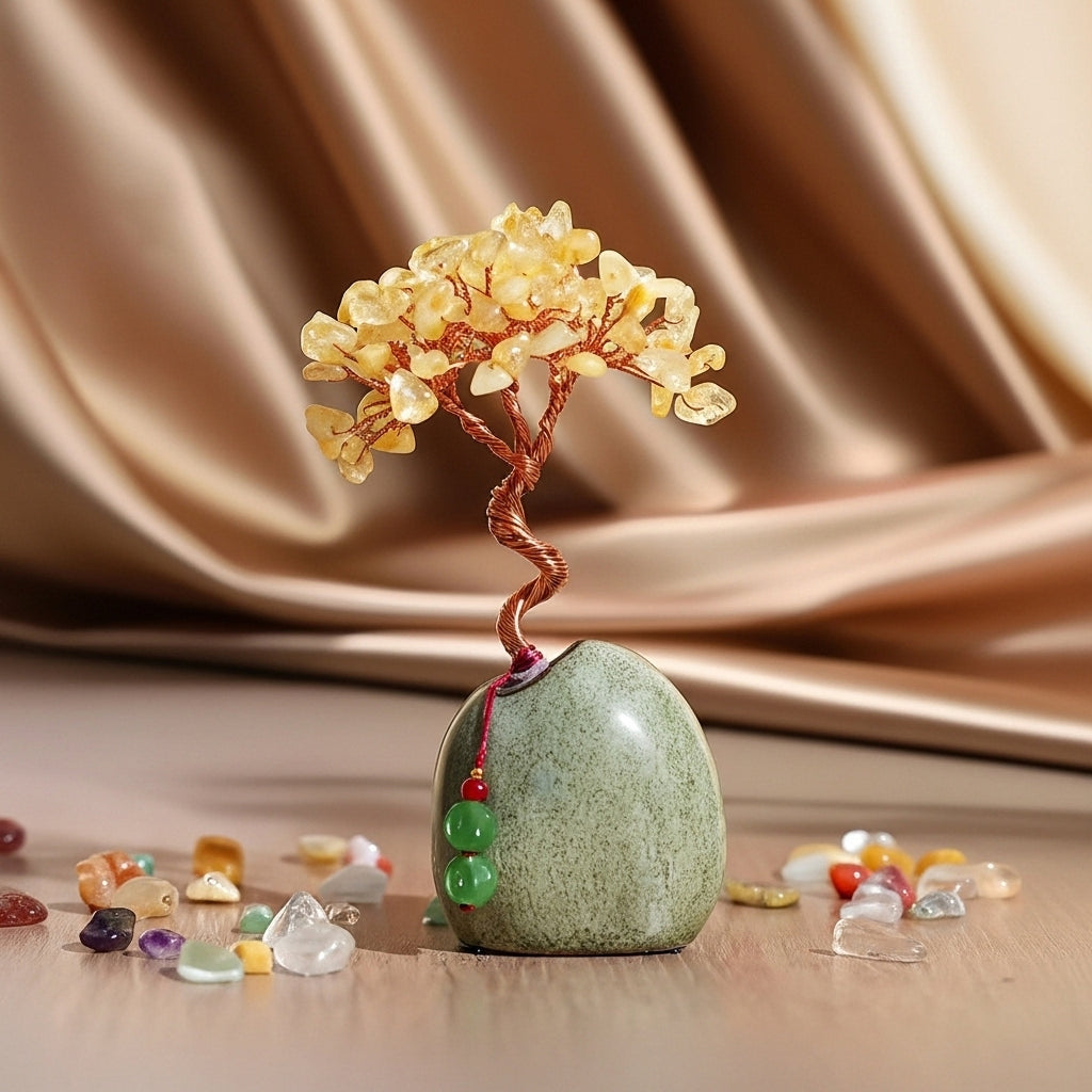 Arbre de vie décoratif en citrine et bracelet, posé sur une pierre verte lisse, entouré de petites pierres colorées, sur un fond satiné.