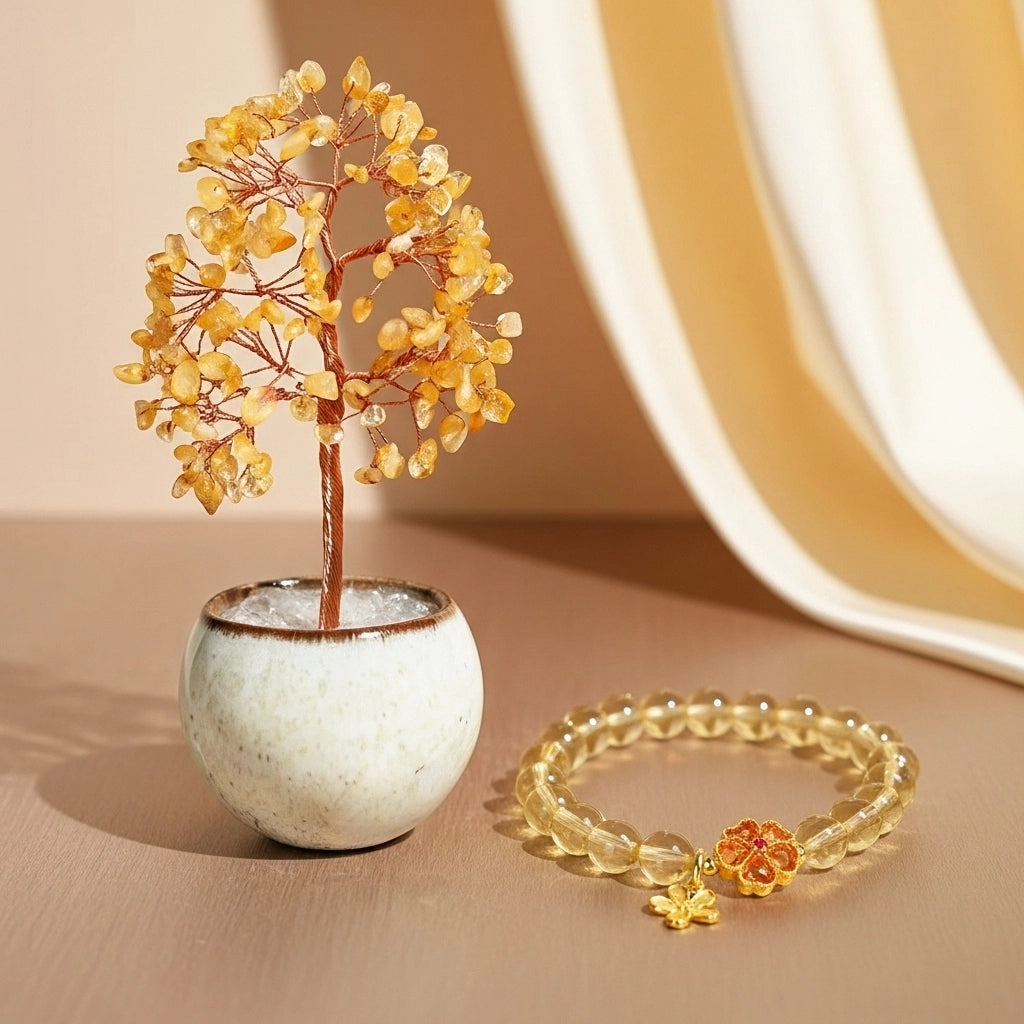 Coffret cadeau Fortune incluant un arbre de vie décoré de pierres de citrine et un bracelet assorti orné d'un pendentif en forme de fleur et d'une abeille.