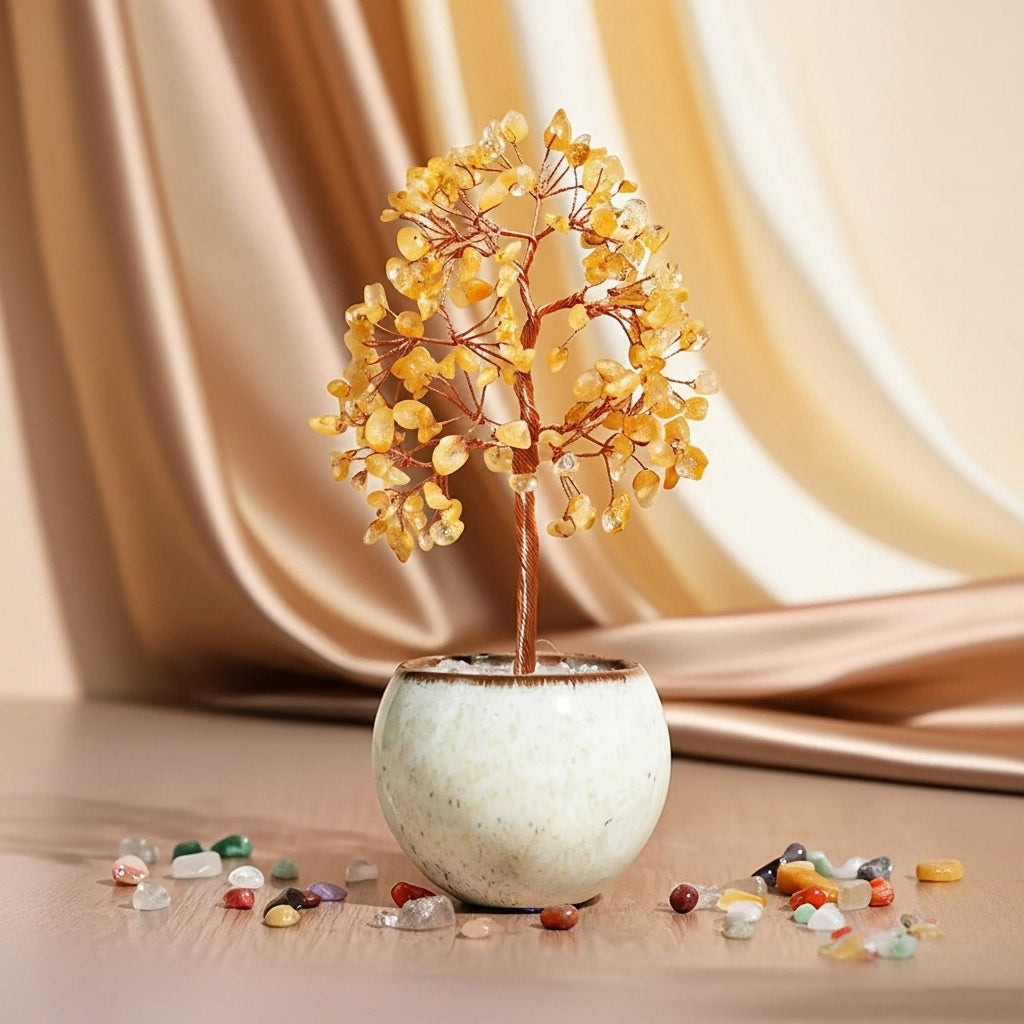 Arbre de vie décoratif en citrine jaune avec des feuilles en pierres naturelles dans un pot blanc, entouré de pierres colorées.
