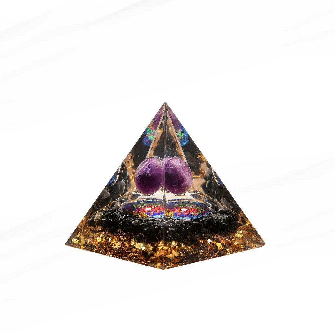 Power and Balance - Orgonite Pyramid Tree of Life in Amethyst and Obsidian