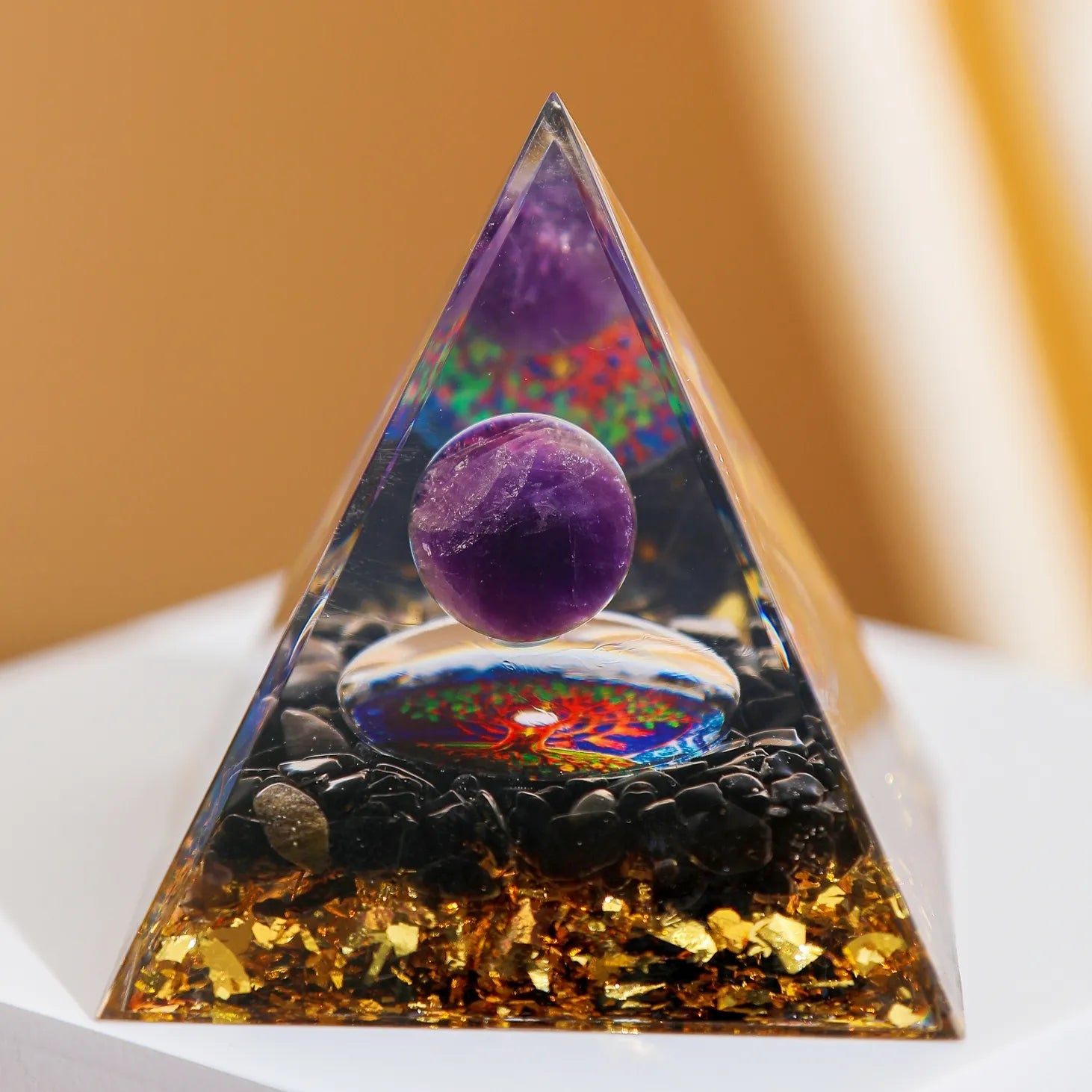 Power and Balance - Orgonite Pyramid Tree of Life in Amethyst and Obsidian