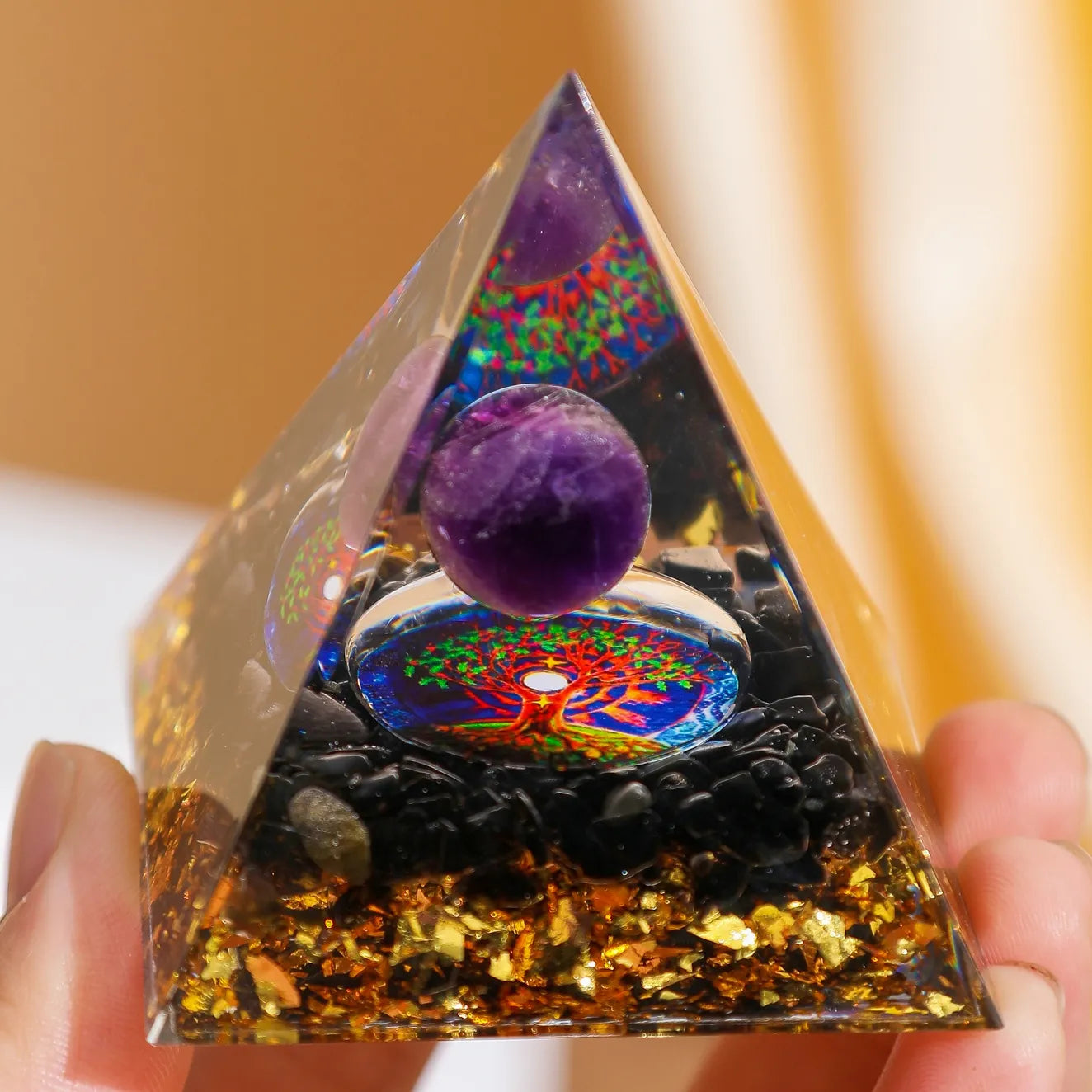 Power and Balance - Orgonite Pyramid Tree of Life in Amethyst and Obsidian